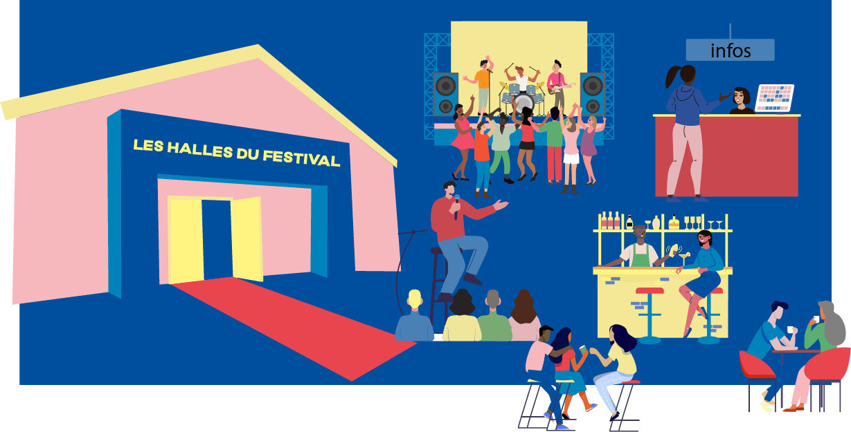 Illustration des Halles du festival : scène musicale, espace bar, point information et billetterie