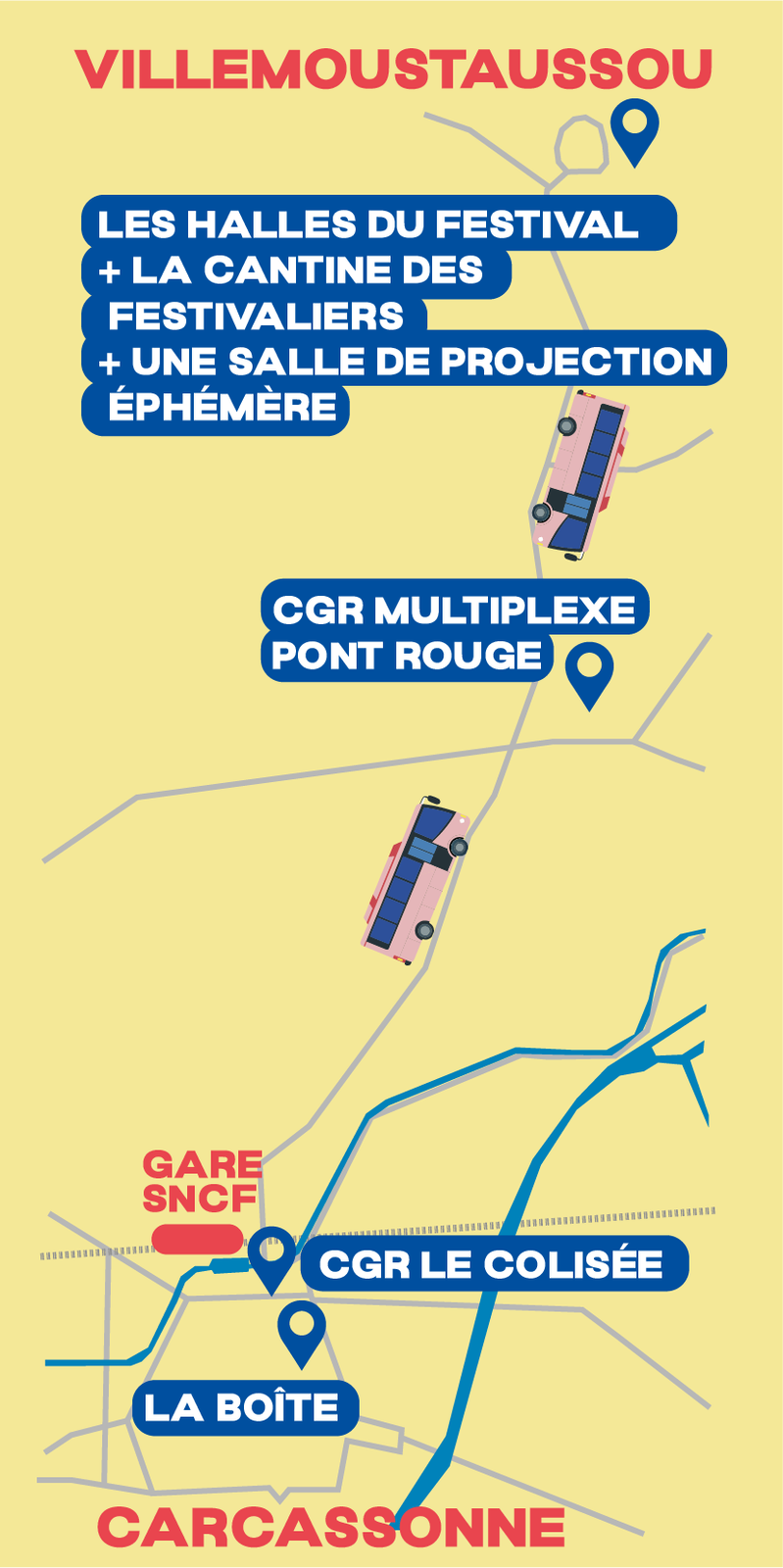 Carte des trois secteurs du festival : Villemoustaussou, CGR Multiplexe Pont Rouge, Cinéma Le Colisée et La Boîte à Carcassonne