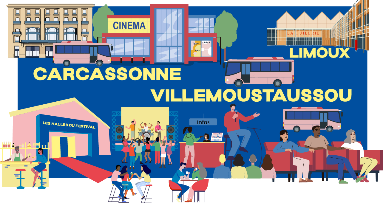 Illustration des lieux du festival : Carcassonne, Villemoustaussou et Limoux, avec navettes et Halles du festival