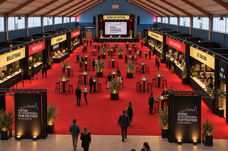 Photo de simulation de l'aménagement des Halles du festival : billetterie, bar, tables hautes et scène
